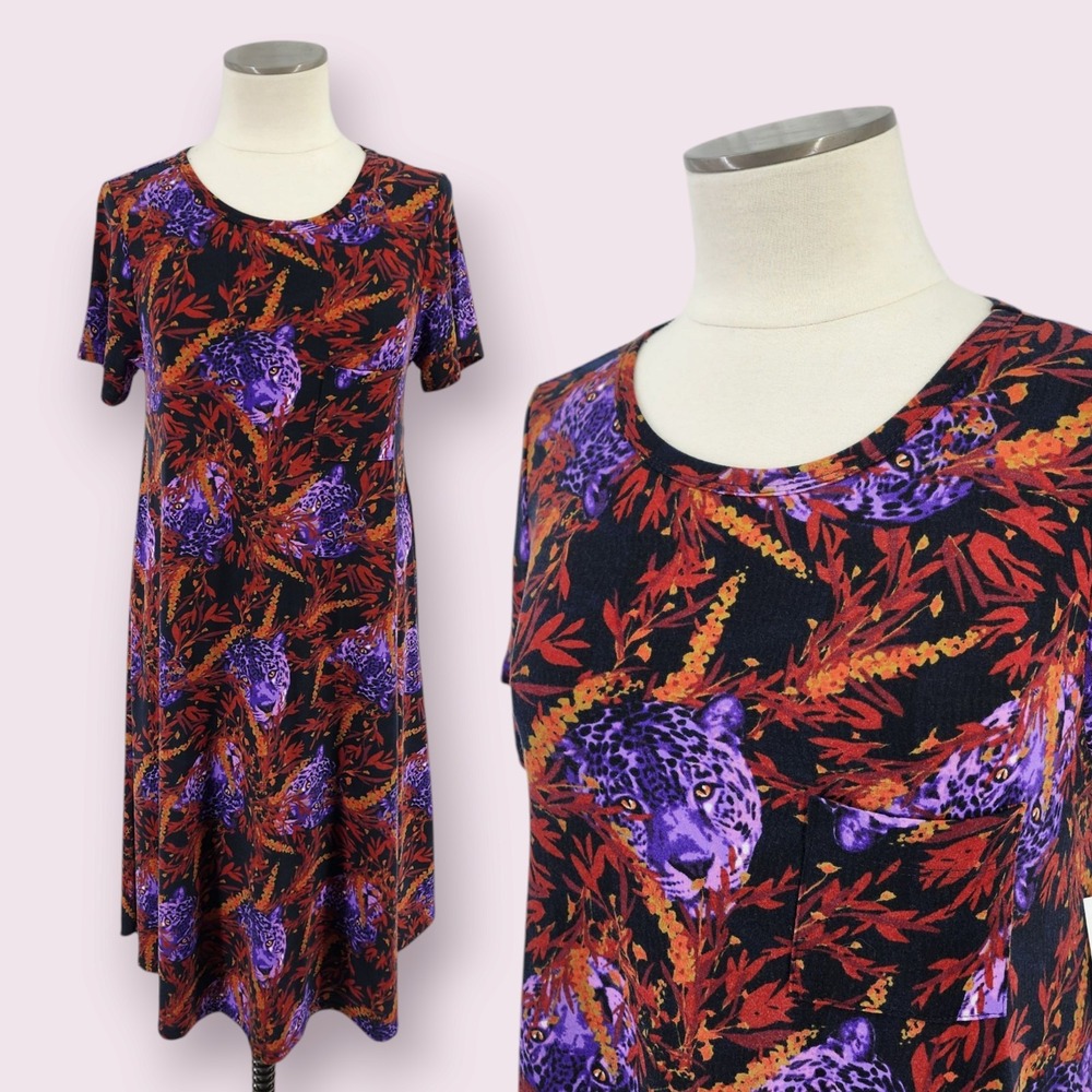 Lularoe Carly Dress XS Jaguar Funky T-Shirt Midi Big Cat Comfy Whimsigoth NWTs